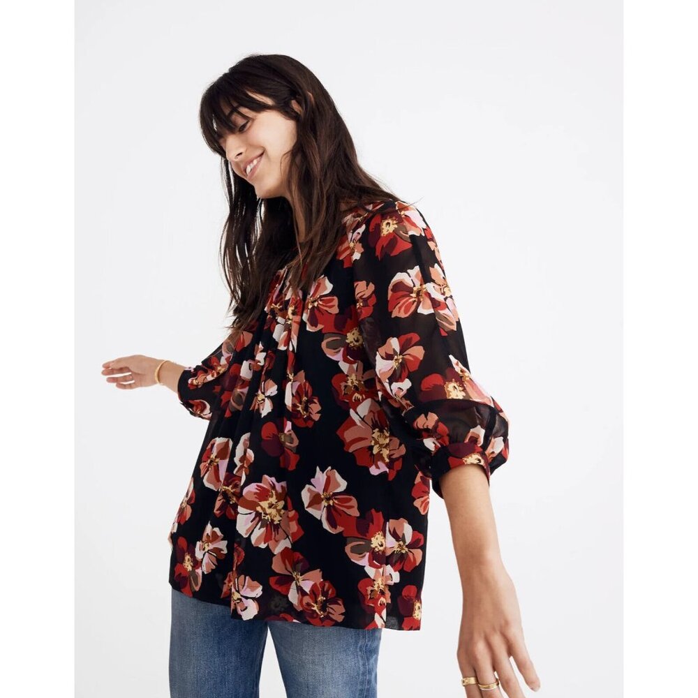 Madewell Size Large Womens Top Tie-Back Bubble-Sleeve French Rose Blouse